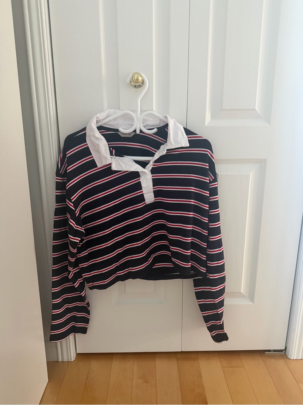 Navy Striped Long-Sleeve Cropped Rugby Polo with White Collar